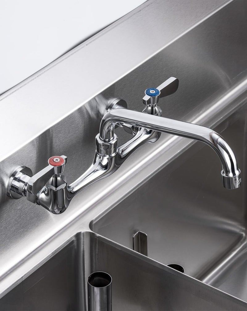 Phivan 8 Inch Center Wall Mount Commercial Sink Faucet - 10" Swivel Spout Dual Handle Chrome Brass Commercial Faucet for Restaurant/Laundry/Utility Room Kitchen Sinks, Includes 90 Degree Adapters - Image 2
